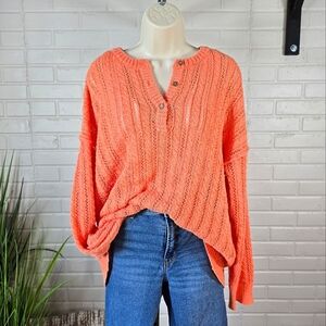 Heyson Coral Orange Open Knit Button Sweater Size Large